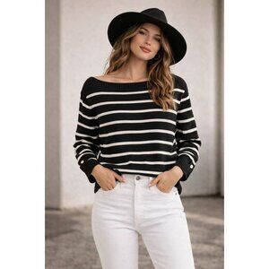 Karen Scott XL  Scooped Neck Striped Sweater Soft Cotton Blend Black & White